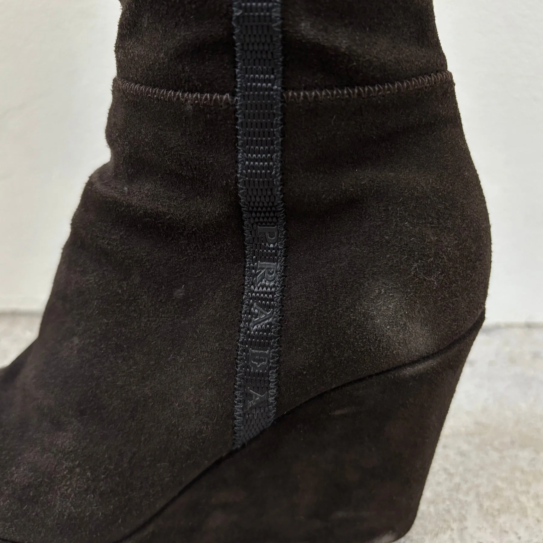 00s Prada Suede Knee High Wedge Boots - Image 8