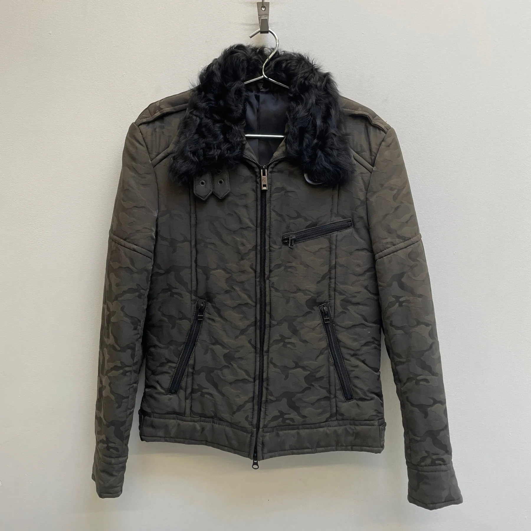 Shellac Embossed Camo Fur Trim Jacket