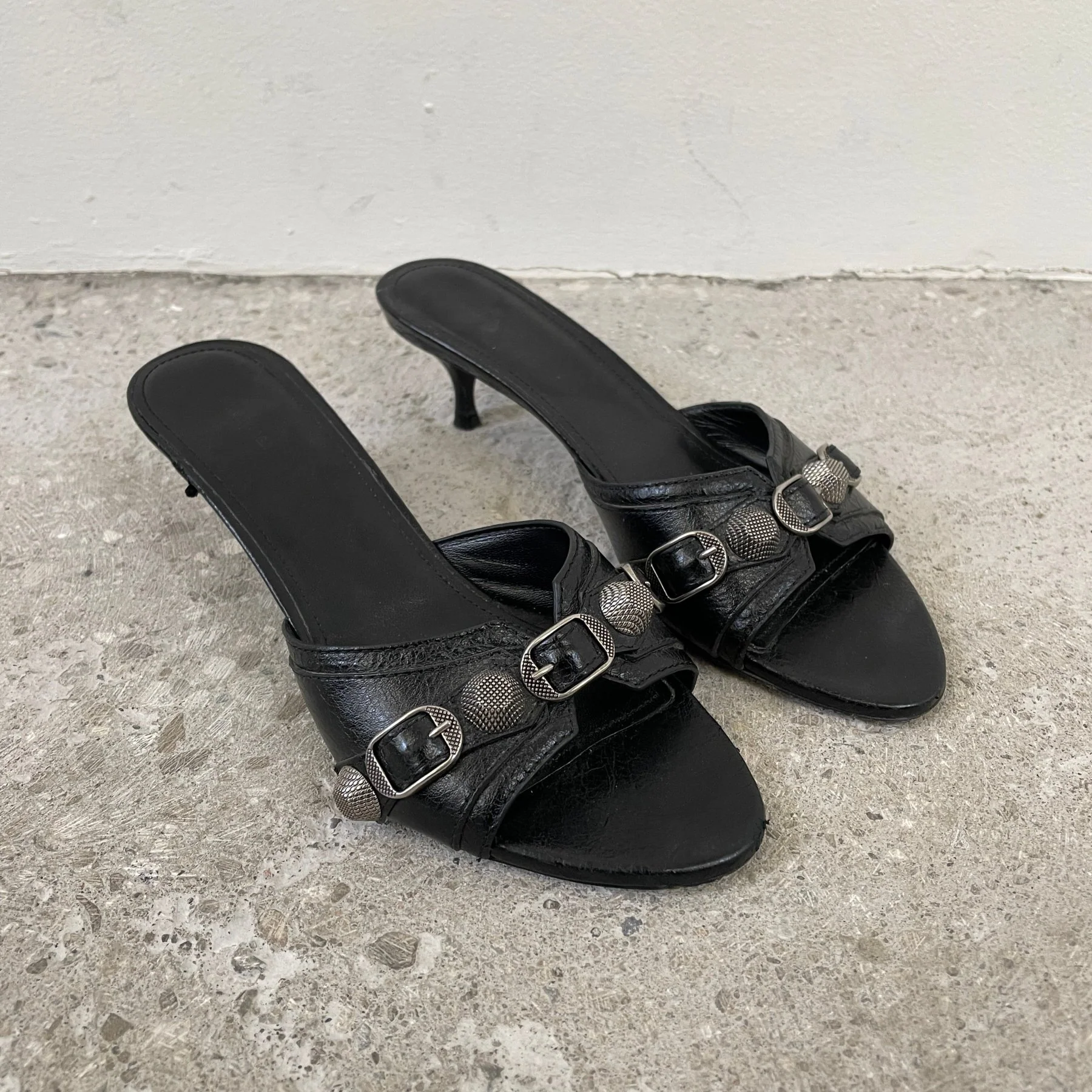 Balenciaga Cagole Black Leather Open Toe Kitten Heels