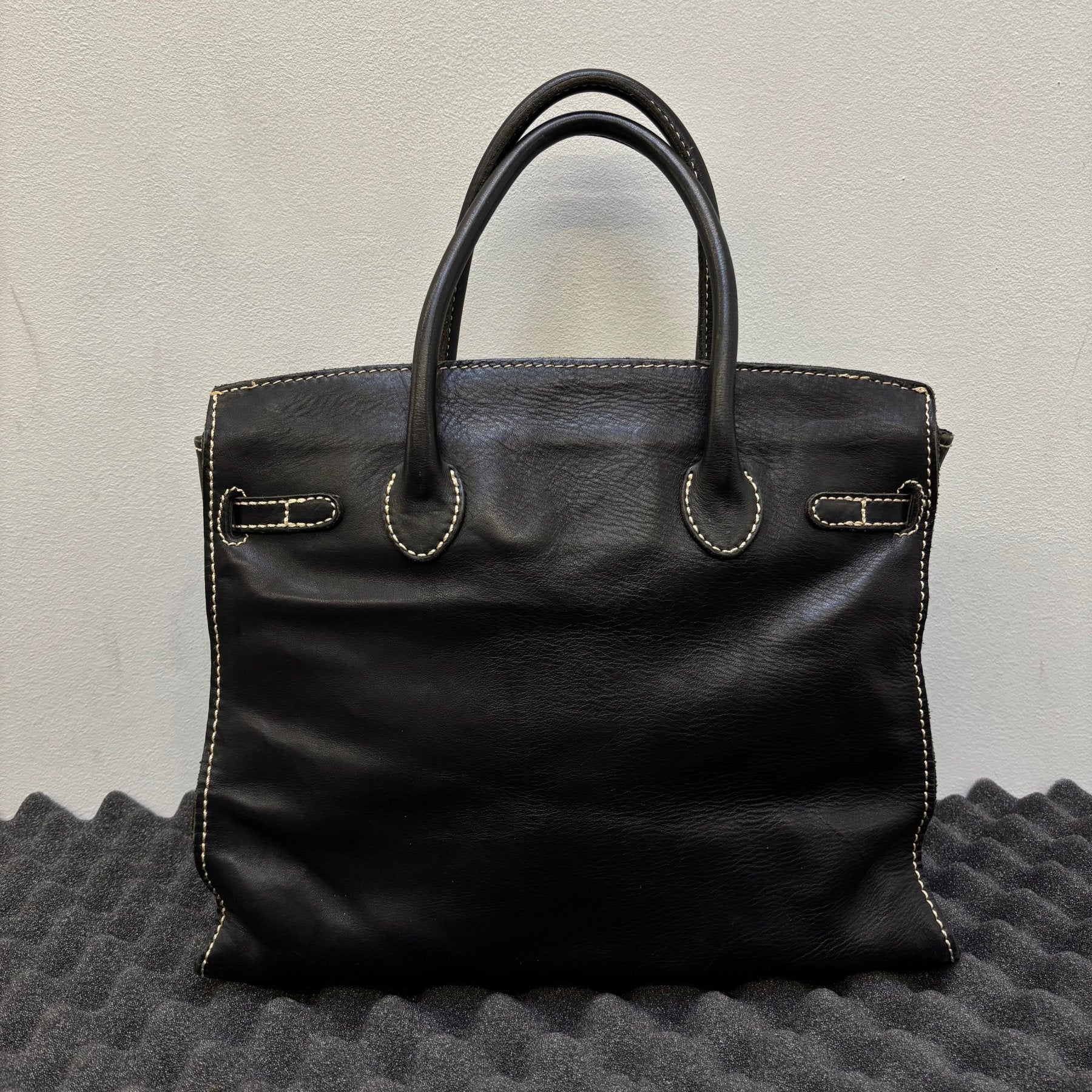 Contrast Stitching Leather Firkin Handbag - Image 2
