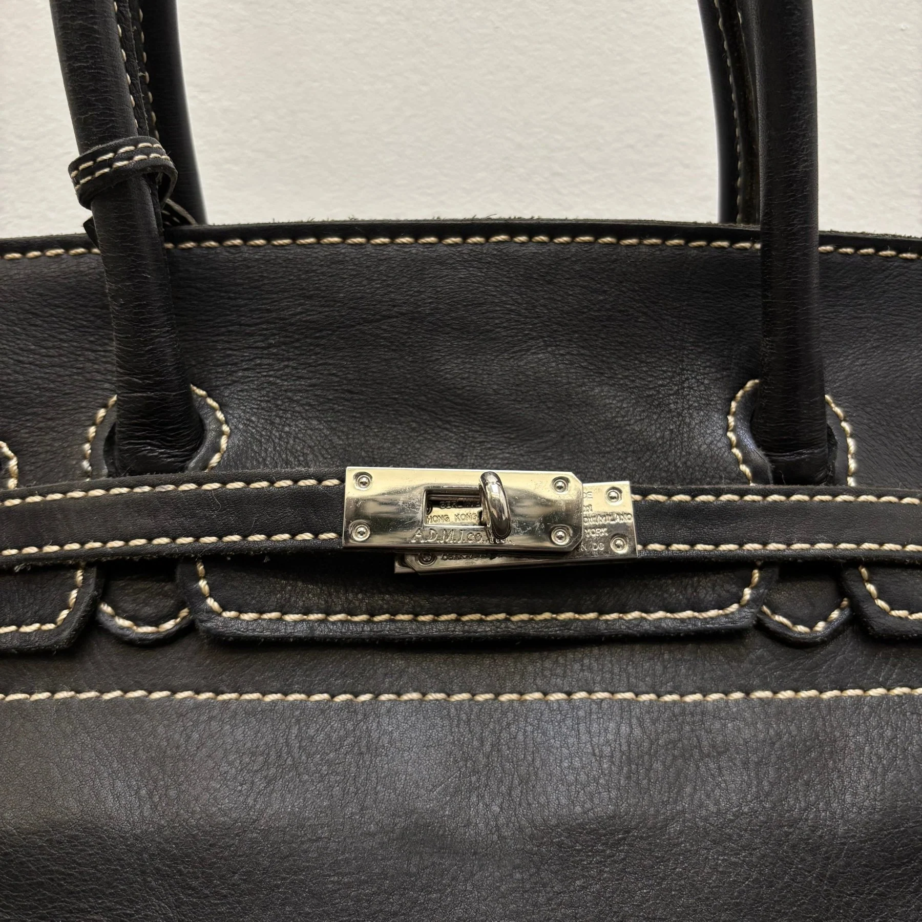 Contrast Stitching Leather Firkin Handbag - Image 3