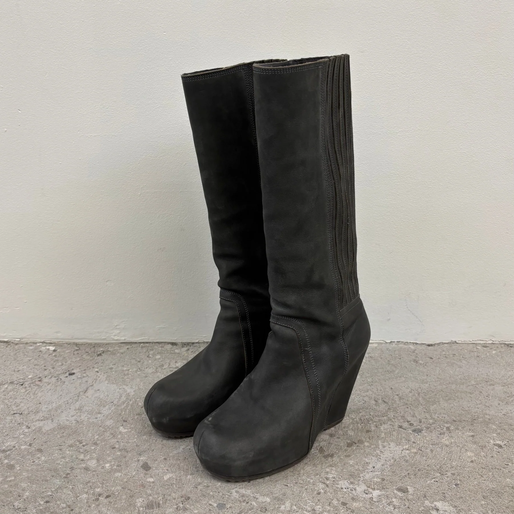 FW13 Rick Owens ‘PLINTH’ Wedge Knee High Leather Boots - Image 2
