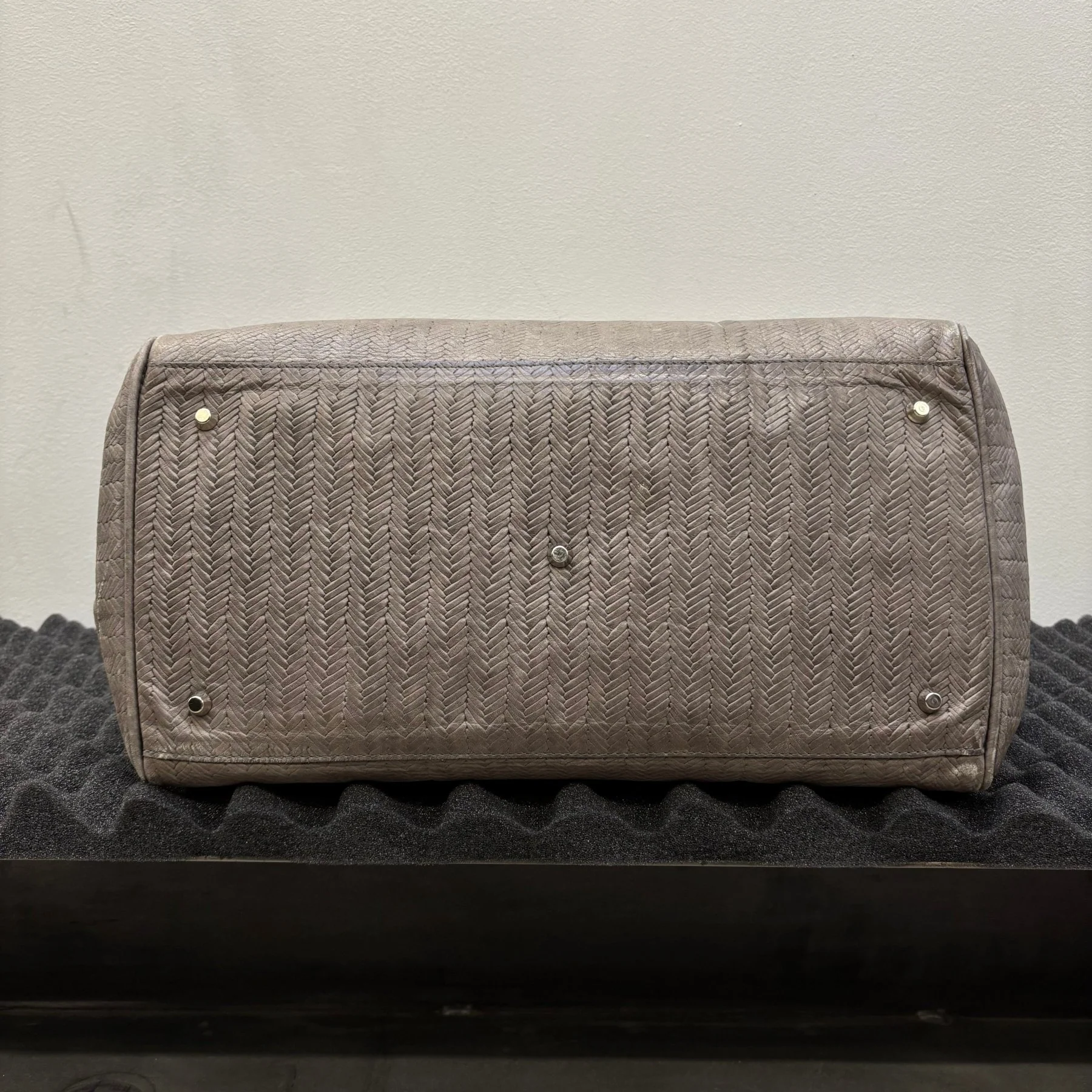 Grey Fishnet Patterned Leather Firkin Handbag - Image 14