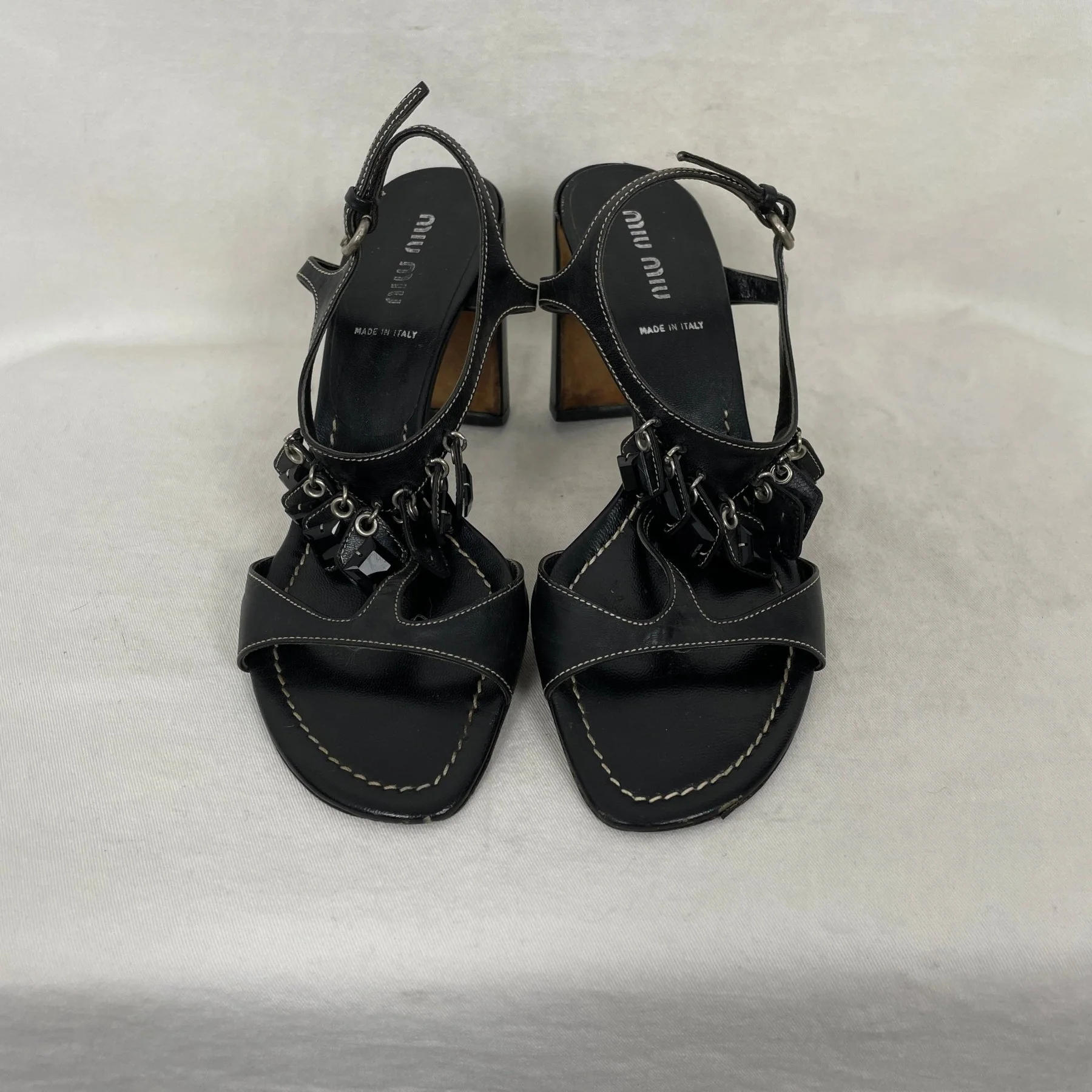 Miu Miu Beaded Leather Sandal Heels - Image 3