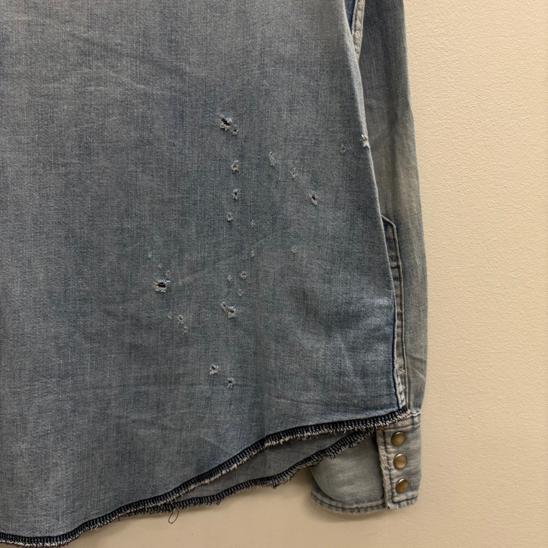 SS19 Yves Saint Laurent Paris Heavy Distressed Denim Shirt - Image 10
