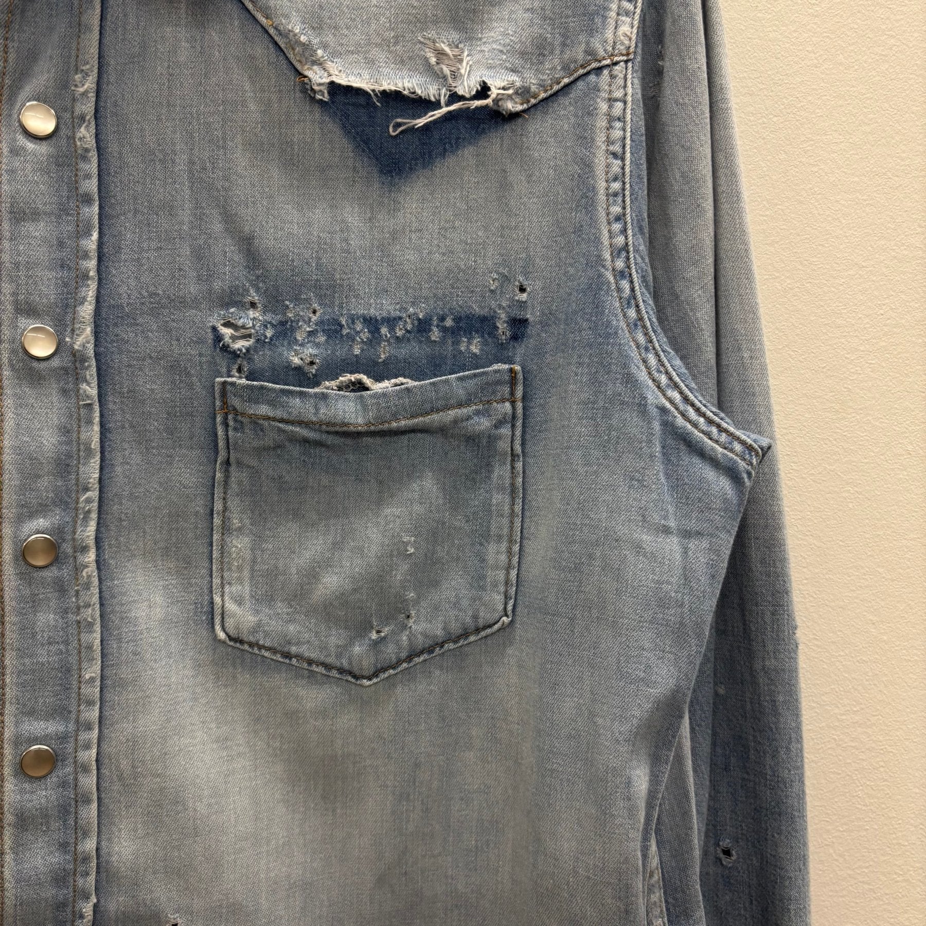 SS19 Yves Saint Laurent Paris Heavy Distressed Denim Shirt - Image 4