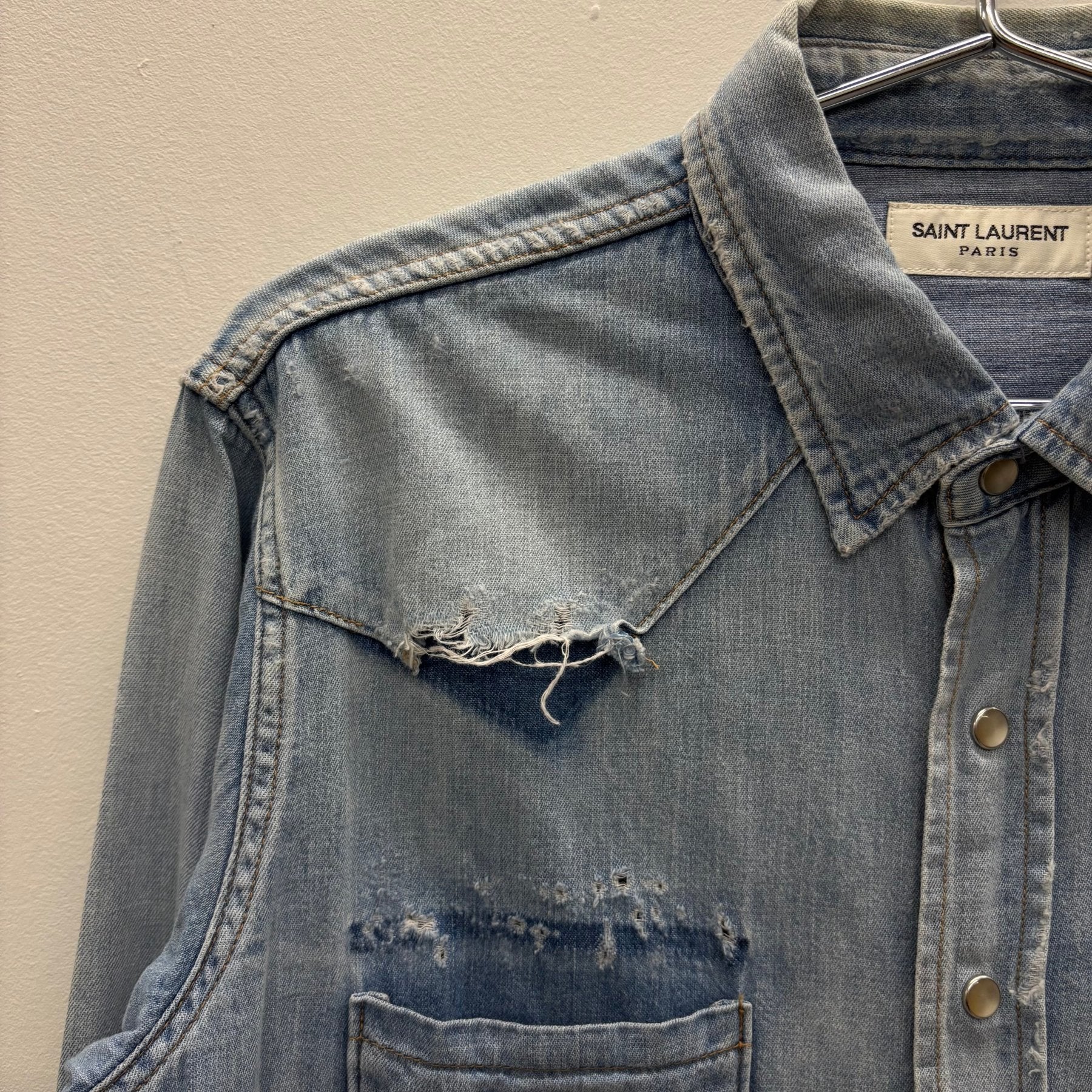 SS19 Yves Saint Laurent Paris Heavy Distressed Denim Shirt - Image 5