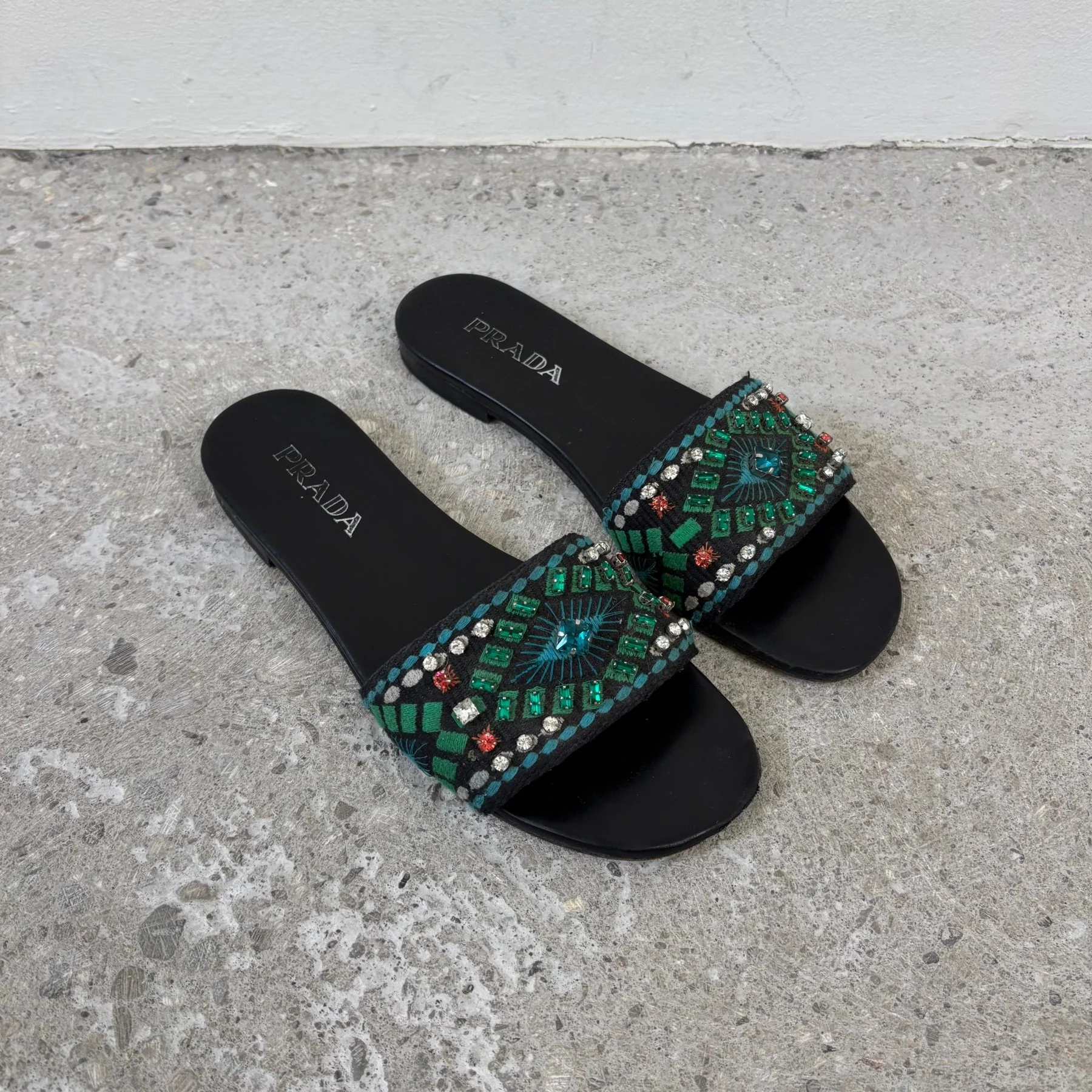 SS20 Prada Printed Crystal Embellished Slides