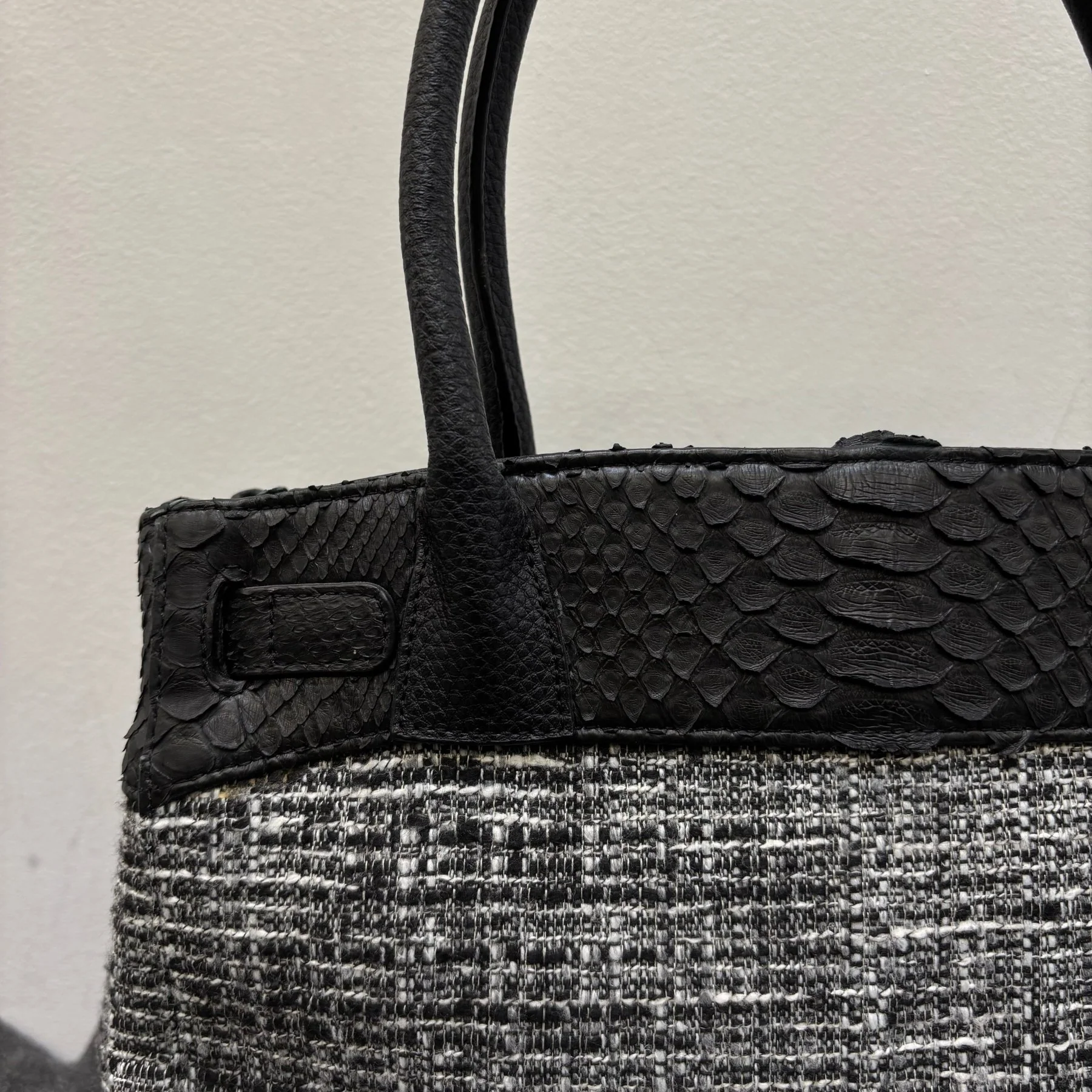 Tweed and Python Leather Firkin Handbag - Image 11